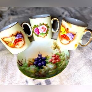 Antique Bavarian hand painted Fruiit/Floral plate and 3mugs. Great for espresso